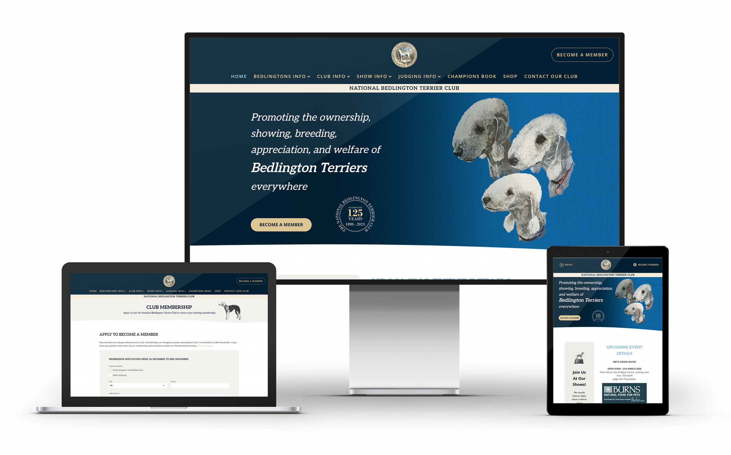 three devices showing a breed club website